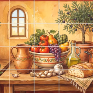 A Mediterranean still life mural with a bowl of fruit, bread, and olive oil.
