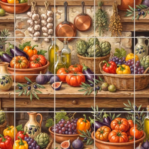 A painterly still life mural of a rustic Mediterranean harvest on a wooden table.