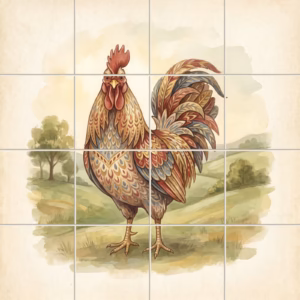 An illustrative ceramic tile mural of a decorative rooster in a watercolour country landscape.