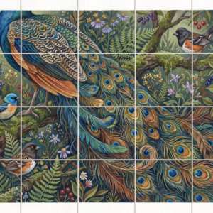 Feather Cloak tile mural: a painted mural of a peacock and other birds in a lush, green woodland.