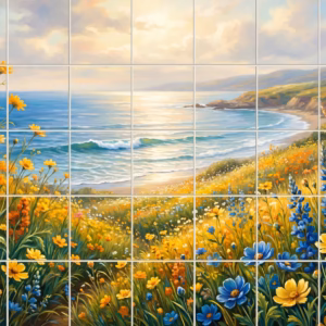 A painterly mural of colourful wildflowers on a hill overlooking a sunny coastline.