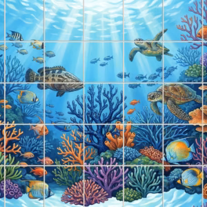 An illustrated tile mural of a vibrant coral reef with sea turtles and fish.