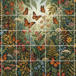 A tile mural of orange Monarch butterflies flying among green ferns and colourful wildflowers.