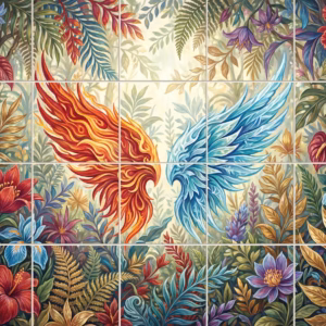 A tile mural of a fire phoenix and an ice phoenix in a jungle.