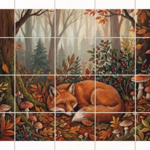 A painted mural of a red fox curled up amongst autumn leaves in a forest.