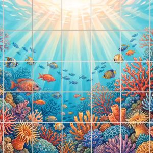 An illustrated tile mural of a vibrant coral reef with tropical fish and sunbeams.