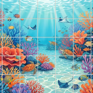 First Run tile mural: an illustrated underwater coral reef scene with turtles, fish, and rays.