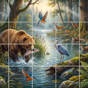 A painted mural of a woodland river with a bear, heron, deer, and eagle.