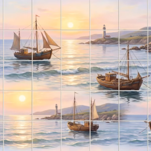 Tile mural of sailing boats and a lighthouse on the coast at sunrise.