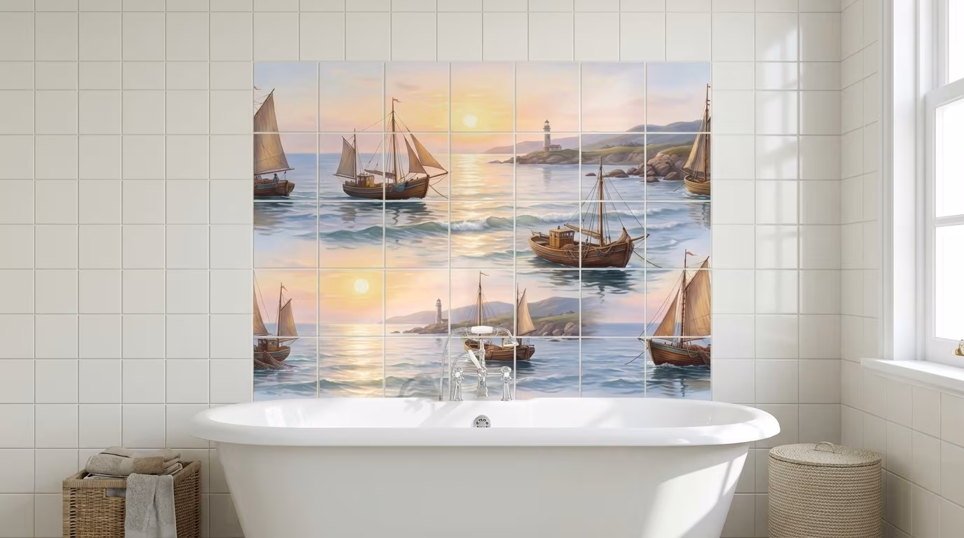 Fishing Boats at Sea - Tile Mural - Image 2