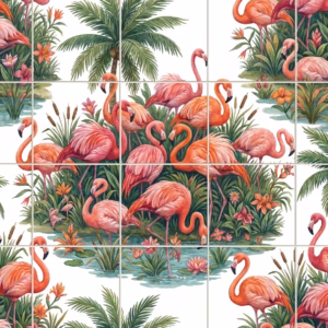 A watercolour tile mural of pink flamingos in a tropical lagoon with palms.