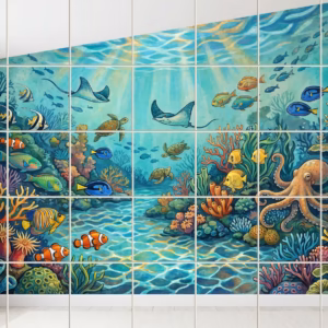 A colourful cartoon mural of a coral reef with an octopus and fish.