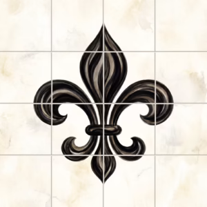 A painted black and grey fleur-de-lis symbol on a square tiled background.