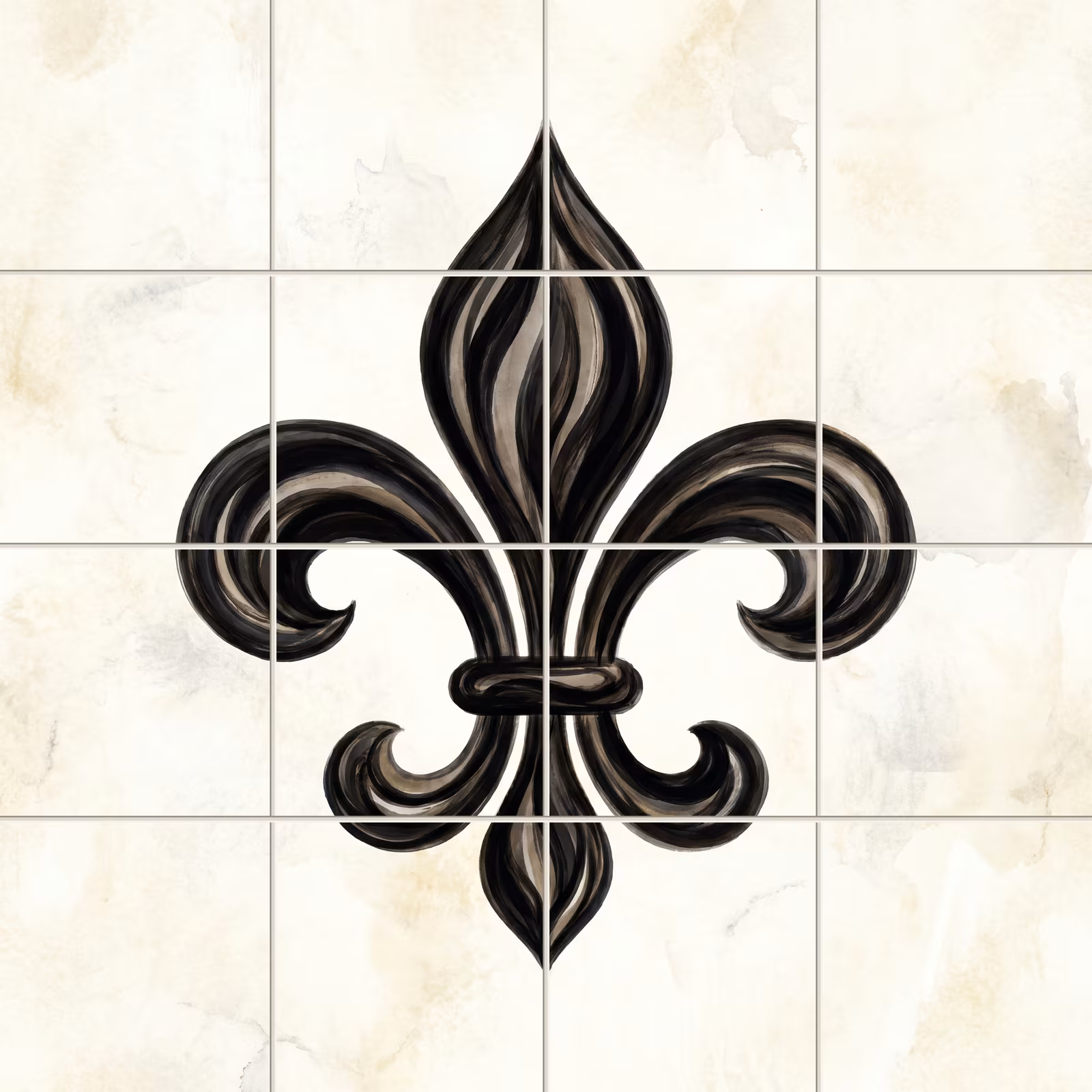 A painted black and grey fleur-de-lis symbol on a square tiled background.