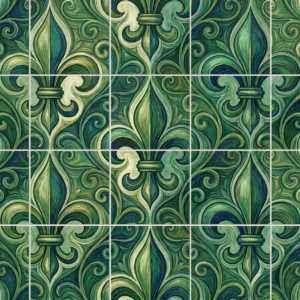 A grid of ceramic tiles forming a swirling, green fleur-de-lis patterned mural.