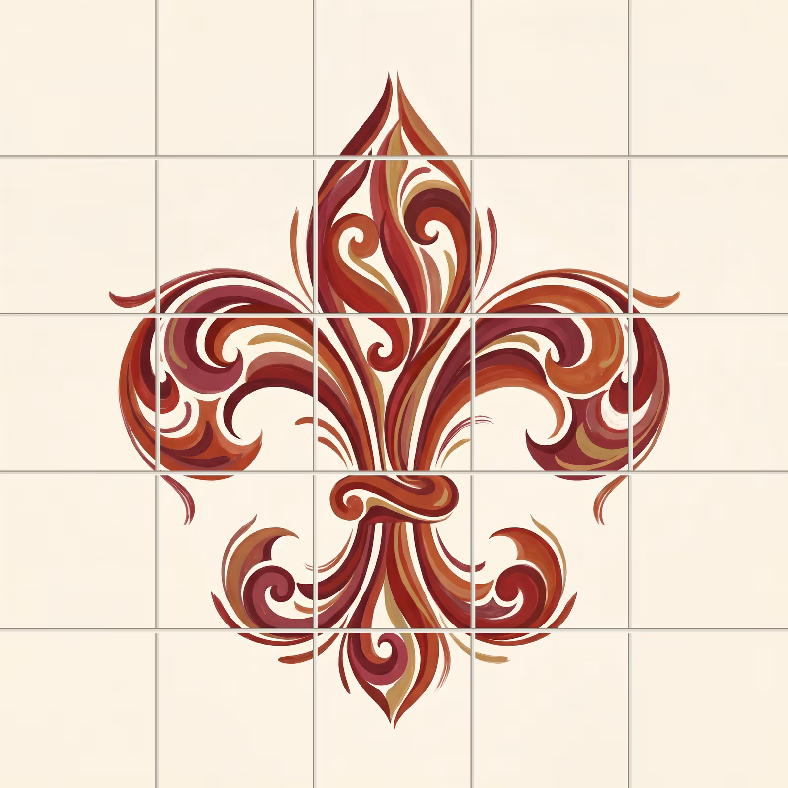 A tile mural of an ornate fleur-de-lis painted with red and gold swirls.