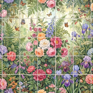 A watercolour tile mural of a lush garden with pink flowers, butterflies, and birds.