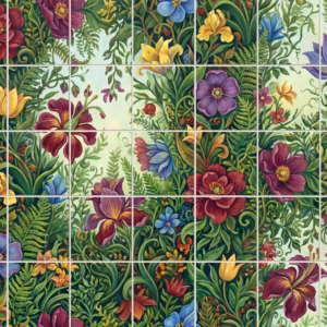 A colourful tile mural of stylised flowers and ferns arranged in a dense tapestry.
