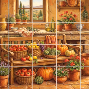 A painting of a rustic Tuscan kitchen with a bench full of vegetables.