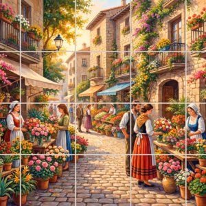 A colourful painting of a bustling flower market on an old European street.