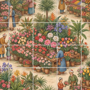 A Persian miniature style illustration of a busy outdoor flower market scene.