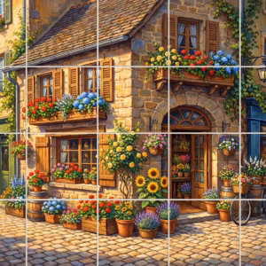 A painting of a rustic European village corner with a flower shop.