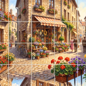 A painted scene of a European flower shop on a sunlit cobblestone street.