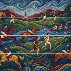 A stylised tile mural of athletes running, rowing, and riding horses in a landscape.