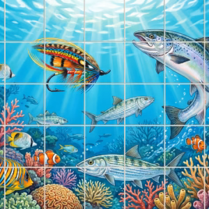 An illustrative tile mural of a trout about to bite a fishing lure.