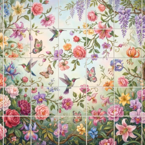A tile mural of a vibrant garden with pink flowers, hummingbirds, and butterflies.