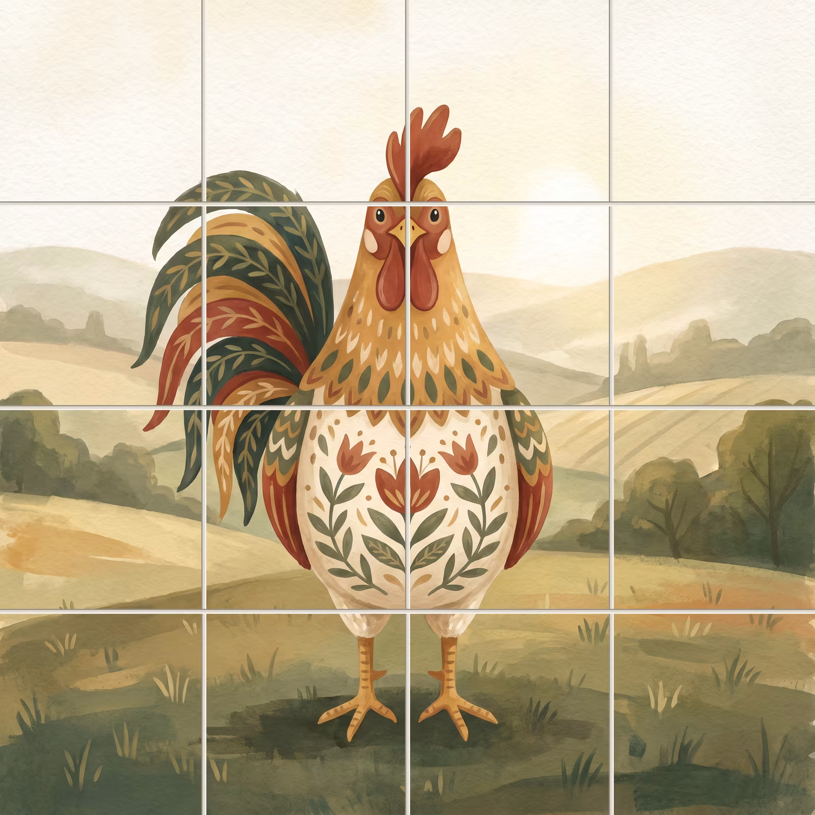 A folk art style rooster with patterned feathers standing in a rural landscape.