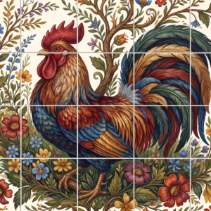 A folk art style tile mural of a colourful rooster among flowers.