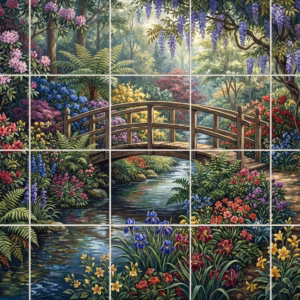 Mural of a wooden footbridge over a stream in a lush floral garden.