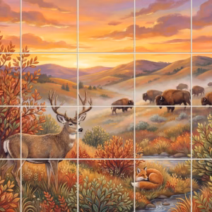 Foothills Sunset tile mural: a painted mural of a stag, bison, and fox in an autumn landscape.