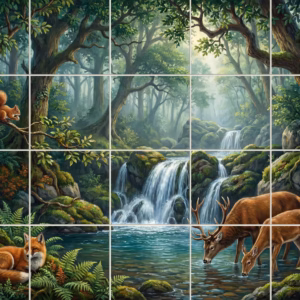 A painted tile mural of a lush forest with deer drinking from a stream.