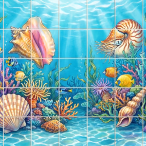 An illustrated underwater scene with a nautilus, seashells, and colourful fish on tiles.