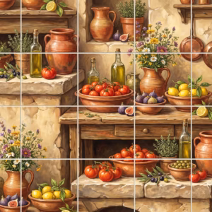 A rustic Mediterranean kitchen scene with tomatoes, lemons, figs, and terracotta pots.