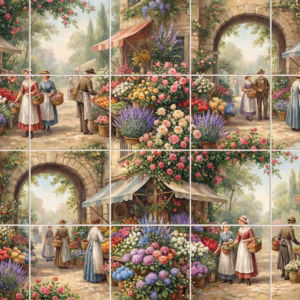 A romantic painting of a bustling European flower market with abundant colourful flowers.