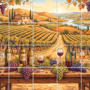 A tile mural of a wine tasting table overlooking a sunny Tuscan vineyard.