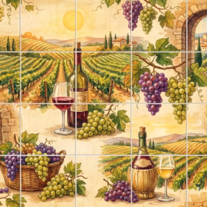 French Vineyard VI tile mural: a watercolour collage mural of Tuscan vineyards, wine bottles, glasses, and grapes.