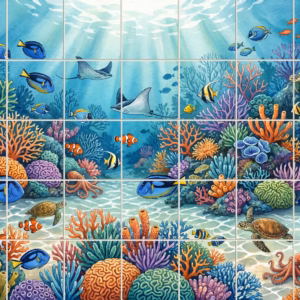 A watercolour tile mural of a colourful coral reef with fish, turtles, and stingrays.