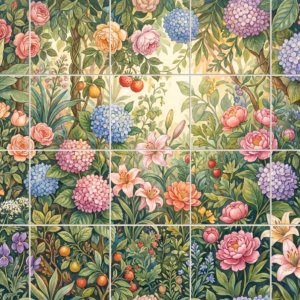 Tile mural of a lush, illustrated garden with colourful flowers and fruit.