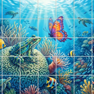 A fantasy underwater scene with a frog on coral looking at a butterfly.