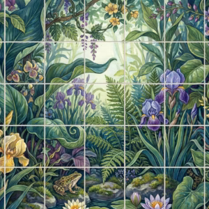 A stylised tile mural of a lush garden pond with a frog and flowers.