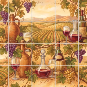 Fruit of the Vine 2 tile mural: a still life painting of wine and grapes before a rolling vineyard landscape.