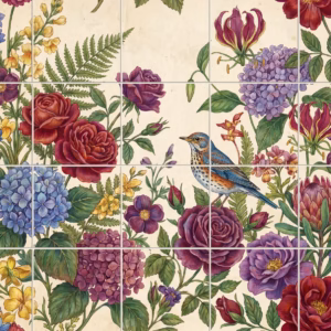 A vintage botanical tile mural of a songbird surrounded by colourful garden flowers.