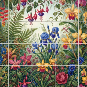 A dense botanical tile mural filled with colourful fuchsias, irises, orchids, and ferns.