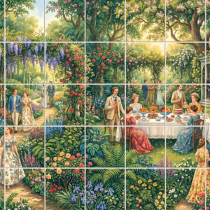 A painterly mural of a Victorian garden party with people dining and strolling.