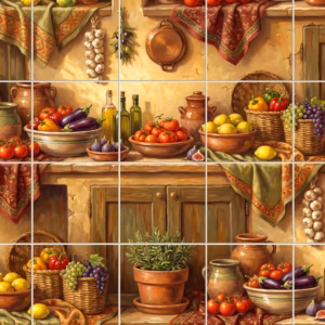 A repeating painterly mural of a rustic Mediterranean kitchen with fresh produce.