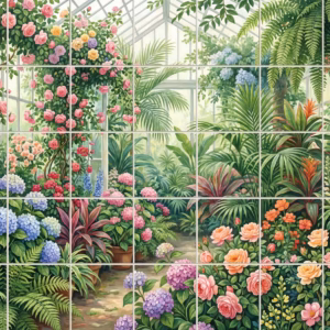 A painted mural of a sunlit glasshouse overflowing with colourful flowers and plants.